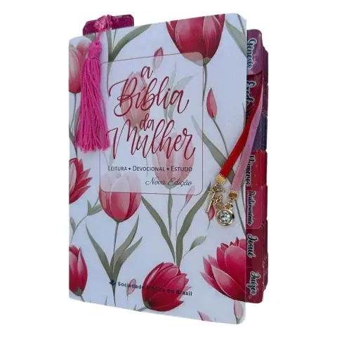 Foto do produto Biblia da Mulher de estudos tulipas vermelhas com abas adesivas + pingentes + marca paginas glitter NAA capa luxo SBB