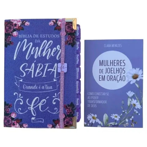 Capa do livro Bíblia da Mulher Sábia de Estudos 100% Glitter Lilás com Abas adesivas e livro Mulheres de Joelho
