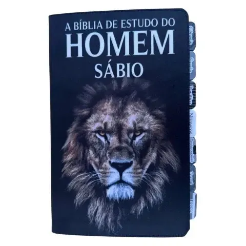 Capa do livro Bíblia de Estudos do Homem Sábio Leão Perfil com Abas adesivas