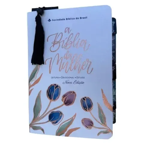 Foto do produto Biblia da Mulher de estudos branca tulipas com abas adesivas ARC + marca páginas glitter SBB