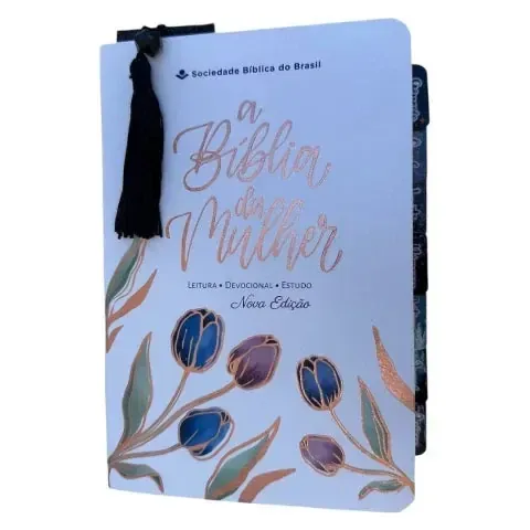 Capa do livro Biblia da Mulher de estudos branca tulipas com abas adesivas ARC + marca páginas glitter SBB